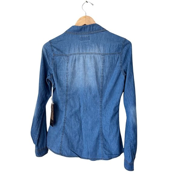 Ci Sono Womens Blue Dark Wash Long Sleeve Collared  Denim Button Up Shirt Size S - Picture 3 of 12